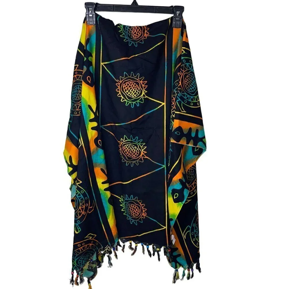 Vintage 90s Womens Scarf One Size Multicolor Wrap Swim Cover Up Beaded Fringe